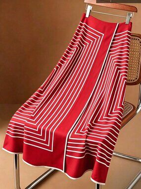 Red Casual Women's Elegant Regular Fit High-Waist Long Zipper A-Line Skirt